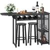 Bestier Set tavolo da bar con 2 sgabelli da bar, tavolo da pranzo con supporto per bicchieri da vino e ripiano, tavolo da cucina in stile industriale, tavolo da bar e bistrot (nero)
