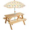 Fun House | Set tavolo da picnic in legno e ombrellone, motivo frutti per bambini, tavolo: H.53 x L.95 x P.75 cm e ombrellone: H.125 x Ø 100 cm, peso massimo: 2 x 30 kg, regalo per bambini all'aperto