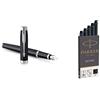 PARKER IM Penna Stilografica | Nero Opaco con Puntale Cromato | punta media con inchiostro blu | confezione regalo & Quink ricariche per penne stilografiche, cartucce lunghe, inchiostro nero