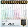 Nano-b Set di spazzolini manuali per adulti con gengive sensibili, setole morbide/medie color oro e carbone, custodia da viaggio, blu, rosa, verde, cristallo, confezione da 12