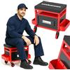 STAKMANN Sgabello Mobile da Officina con Cassetto, Vani e Vassoio Porta Attrezzi e Viti, Sedia per Maccanico Officina Portattrezzi, Ruote Girevoli a 360°, Seduta Imbottita e Struttura Acciaio, capacità 136kg