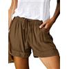 comefohome Pantaloncini da donna UK estate coulisse cotone elastico a vita alta tinta unita casual pantaloncini da donna con tasche, Hs-caffè, M