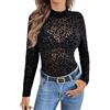 MANJIAMEI Maglia da donna con motivo leopardato, a maniche lunghe, sexy, trasparente, a rete, maglietta basic Dchmale, a tunica, casual, a maniche lunghe, top clubwear Streetwear, Nero , M
