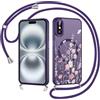 Coiwxmoi Cover Magnetica per iPhone 16 con Cordino, Compatibile con MagSafe, Aesthetic Fiori Disegno Custodia con Corda Collana, Traslucida Matte Silicone TPU Hard PC Antiurto Case, Viola