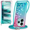 WQRTYJK Cover per Xiaomi Redmi Note 14 4G con Cordino Glitter, Verde/Rosa | Pellicola Protettiva Vetro, Regolabile e Rimovibile, Brillantini Liquido, Custodia, Protezione Trasparente, Antiurto Case