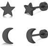 FACOKO Orecchini Luna e Stella in Titanio con Schiena Piatta, Nero, orecchini a bottone ipoallergenici per orecchie sensibili, 5 mm - Gioielli Minimalisti Unisex