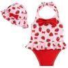 JiAmy Costume da bagno per bambina con cappello da sole, costume da bagno per bambini, con volant e fiocco, per bambini da 0 a 24 mesi, Fragola rossa, 3-6 Mesi