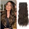 FESHFEN Extension Capelli a Clip - 4PCS Lunga Ondulati Marrone Capelli Estensioni Clips Ricci Sintetici Posticci Capelli Extension con Clip per Donna 50 cm Marrone Scuro Misto Marrone Dorato