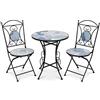 DRW Set di tavolo e 2 sedie da giardino in metallo e pietra in nero, blu e bianco, 72 x 60 x 60 cm