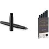 PARKER IM penna stilografica | Nero opaco con finiture nere | Punta media con cartuccia di inchiostro blu | Confezione regalo & Quink ricariche per penne stilografiche