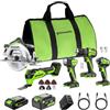 Greenworks 24V 5pcs combo (Trapano + Avvitatore a percussione + Sega circolare + Utensile multifunzione + Torcia), batterie USB-C da 4,0 Ah e 2,0 Ah, 2 cavi, caricatore rapido 65 W CK351