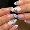 Nymora 24 unghie finte corte con fiocco blu e bianco, con finitura in gel, riutilizzabili, per donne, design con punta francese naturale
