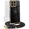 YAMCCCSE Cover per Honor X8a con Collana Amore Cuore Custodia per Silicone Sottile Laccio Tracolla Case con Protezione Fotocamera Dorata Placcatura Cornice Paraurti, Nero