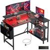 DOMSHOCT Scrivania da gioco a forma di L con luci a LED e prese di corrente, 100 x 80 cm, tavolino angolare per computer con borsa portaoggetti, ripiani regolabili e supporto per monitor, postazione