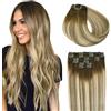 SURNEL Remy Hair Extension per capelli con clip, a striscia, marrone scuro, ombra, marrone cenere a biondo medio, 35 cm, 100 g, doppia trama, 6 pezzi, testa piena dritta, estensione dei capelli (#3/8