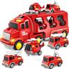 BLmukce Giocattolo Camion dei Vigili del Fuoco 5 in 1 per Bambini, Trasportatore a Frizione con 4 Veicoli dei Vigili del Fuoco, Giocattolo di 1 2 3 Anni per Ragazzi e Ragazze con Luci e Suoni per