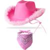 YBHOMINE Cappello da cowboy con bandana, cappello da cowgirl con boa di piume, per donne e uomini, per addio al nubilato, Halloween, colore rosa, taglia unica