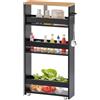 FetiNes Carrello di Servizio a 4 Ripiani, Carrello Cucina Salvaspazio con Ruote, Stretto, Maniglia, Carrellino Piccoli Spazi, Cucina Bagno Soggiorno, Rovere e Nero