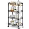 KINGRACK Carrello Cucina Salvaspazio Stretto a 4 Ripiani - Carrello Metallico con Piano Legno e Cestello Rete - Per Cucine, Bagni, Camere in Spazi Ridotti, Nero