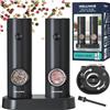 WELLHAUS Macinasale e macinapepe elettrica - Set di 2 Macinasale e macinapepe a batteria con base, set di macine per spezie e sale, set di macine con luce LED e regolazione della grana, Nero