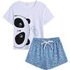 MyFav Pigiama da donna Set carino Panda modello manica corta pantaloncini a righe pigiameria, Panda blu., L