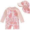 Carolilly Costume da bagno a maniche lunghe per bambini, con cerniera, anti-UV, con cappello (fiori rosa, 3-6 mesi), Rosa chiaro, 3-6 Mesi