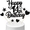Conruich Decorazione per Torta di Compleanno 14 anni Ragazzo Ragazza, Cake Topper Happy 14th Birthday Nero, Torta Stella Cuore Nero per Decorazione Festa 14 anni Compleanno Ragazza Ragazzo