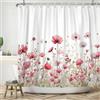 ASDCXZ Tenda da doccia a fiori, 180 x 200 cm, primaverile, dipinta a mano, rosso, rosa, verde, foglie bianche, per bagno, lavabile, in poliestere, impermeabile, per vasca da bagno con 12 ganci