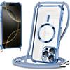 Coiwxmoi Magnetica Cover per iPhone 16 Pro Max 6.9 con Cordino Regolabile, Compatibile con MagSafe,Trasparente Custodia con Collana Tracolla Laccio Collo TPU Silicone Lanyard Case Antiurto,Blu