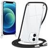 Xylota Cover con Cordino per iPhone 12 mini 5,4, Trasparente Custodia con Laccio Tracolla Regolabile Corda Collana Catena, Ultra Sottile Silicone TPU + PC Antiurto AntiGraffio Protettiva Case, Nero