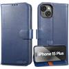 Lensun Cover per iPhone 15 Plus, Custodia in Vera Pelle [RFID Blocking] Libro con Portafoglio Chiusura Magnetico Flip Custodie Cuoio per Telefono iPhone 15 Plus 5G - Blu Scuro