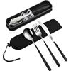 VANRA Set di 3 posate da viaggio portatili con valigetta in acciaio inox 18/8, set di posate riutilizzabili, con forchetta, cucchiaio, coltello per pranzo, viaggi, campeggio, scuola, lavoro, picnic,