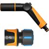 Fiskars Set per Innaffiare, 2 Pezzi, Pistola a Spruzzo, 2 Funzioni, Misura Universale, Attacco per Tubo STOP, Misura Universale, Diametro 13-15 mm (1/2-5/8), SoftGrip, Nero/Arancio/Blu, 1065493