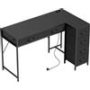 HOMCOM Scrivania Angolare a 6 Cassetti con Gancio Laterale e Prese Integrate, in Legno e Acciaio, 126x48x80 cm, Nero | Aosom Italy