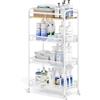 KINGRACK Carrello Cucina Salvaspazio Stretto a 4 Ripiani - Carrello Metallico con Piano Legno e Cestello Rete - Per Cucine, Bagni, Camere in Spazi Ridotti, Bianco