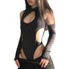 SNOMYRS Body sexy Hollow Out a maniche lunghe nero Teddy Gothic Party Club Rave Outfit Techwear Festival Jumpsuit, Nero, S