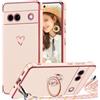 TVVTPU Cover per Google Pixel 7A con Cordino e 360° Anello Supporto, Custodia Sottile Morbido Silicone TPU Antiurto Dorata Placcatura Protettiva Case con Regolabile Collana Tracolla, Rosa