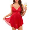 Lovasy Lingerie Sexy Donna in Pizzo Floreale Babydoll Lingerie Corto con Spalline Regolabili Camicia da Notte Scollo a V Senza Maniche Sottoveste Spacco G-String,A-Rosso,S