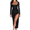 MeeQee Vestito Donna Sexy Maniche Lunghe Maxi Abito con Spacco Aderente Vestito Scollo Quadrato Eleganti Tinta Unita Lungo Abiti da Sera Cerimonia Cocktail Festa Banchetto