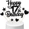 Conruich Decorazione per Torta di Compleanno 17 anni Ragazzo Ragazza, Cake Topper Happy 17th Birthday Nero, Torta Stella Cuore Nero per Decorazione Festa 17 anni Compleanno Ragazza Ragazzo