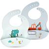 Vicloon Bavaglini 3D Silicone, 2PCS, Impermeabile Senza BPA, con Tasca Raccoglipappa, 4 Misure Regolabili, per Bambini e Neonati, Escavatore e dinosauro