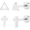 FACOKO Orecchini a fondo piatto da donna, orecchini a triangolo e croce in titanio a fondo piatto da 5 mm, colore argento, orecchino geometrici ipoallergenici, unisex