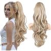 FLUFYMOOZ Estensione a coda di cavallo, lunghezza 66 cm, con clip a coda di cavallo, capelli sintetici, per donne bionde con ciocche bionde bianche