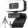 Danyesth Webcam 2K con microfono e copertura, fotocamera USB PC con luce, zoom, flip, cover privacy, webcam esterna per laptop, desktop, home office e streaming