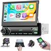VECHTEL 7Autoradio 1 DIN con touchscreen retrattile manuale Wireless Carplay Android Auto,radio FM con Bluetooth,EQ,Mirror Link,2 USB/Type-C,autoradio con telecamera posteriore/comandi al volante