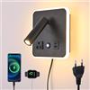 CNMYKYDS Plug in Dimmable Sconce a parete con interruttore a sfioramento, Headboard Bedside Wall Lamp, Multifunction Wall Light con porte USB C + A (Nero (quadrato))