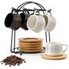 PORCER Set di 6 tazze da caffè in ceramica da 130 ml (4,4 oz) con piattino in legno e supporto in metallo nero, tazze impilabili per cappuccino, espresso per bevande da caffè speciali, latte