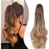 Dcbaboo Coda di Cavallo Extension Ricci Coda Capelli Extension con Pinza 45cm Posticci per Capelli Mossi Coda Finta Sintetici Lunghi Naturali Ponytail, Castano Ombré Biondo