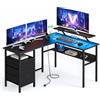 VASAGLE Scrivania a L con Prese di Corrente, Tavolo ad Angolo per Computer con Supporto per Monitor, Luci a LED, 2 Cassetti, 2 Porte USB, Nero Ebano LWD095B01