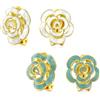 Bling Jewelry Set di due orecchini a clip in smalto fashion 3D bianco e blu a forma di rosa, stile bottone, per orecchie non forate, placcati in oro 14K.